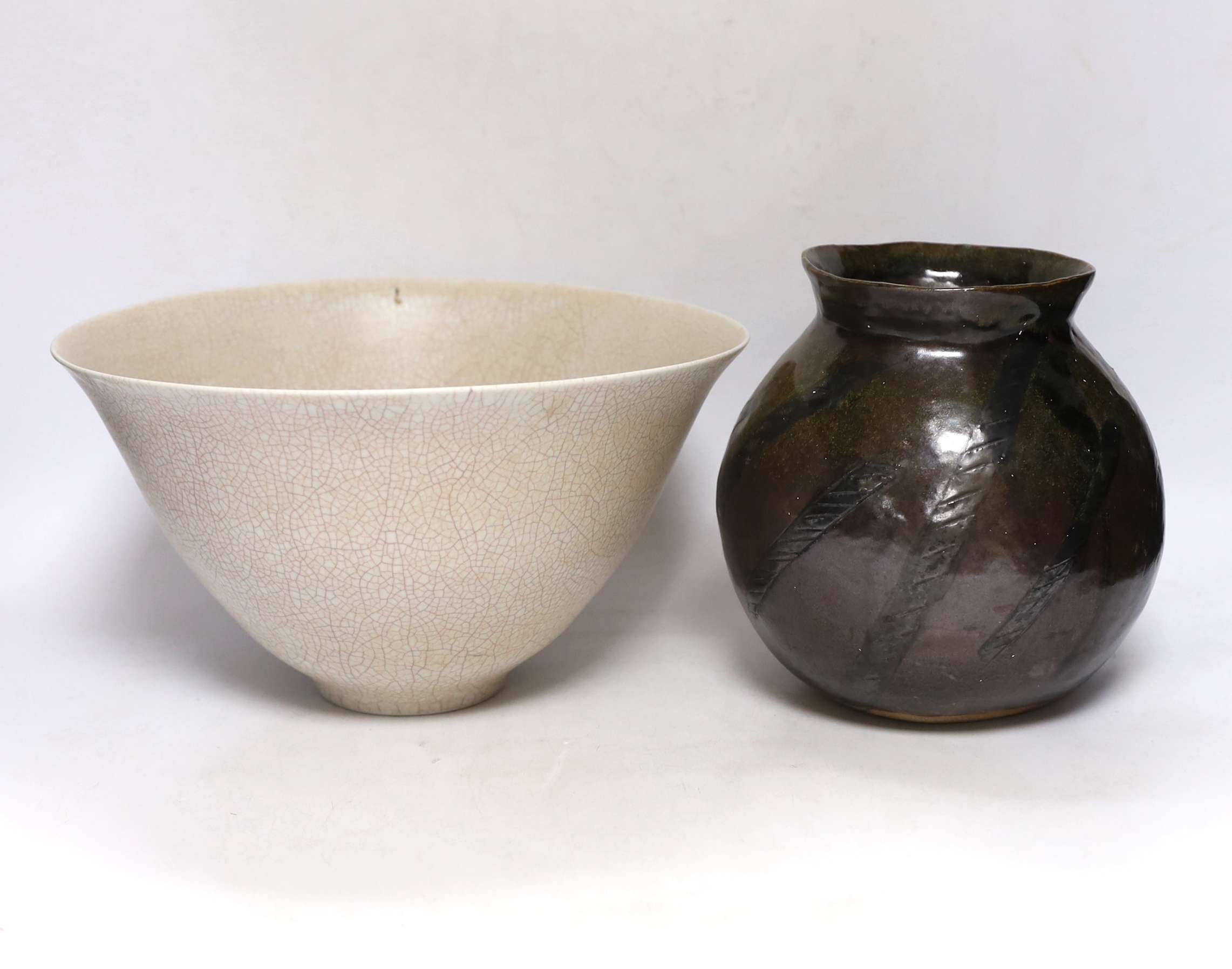 Tim Andrews, a bowl and a studio pottery crackleware vase, tallest 19cm high